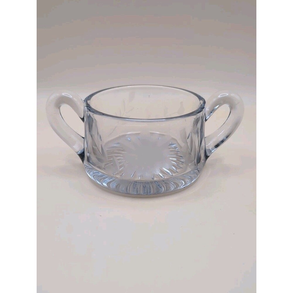 Vintage Open Sugar Bowl Etched Flowers Glass Clear Unique Dish Double Handles